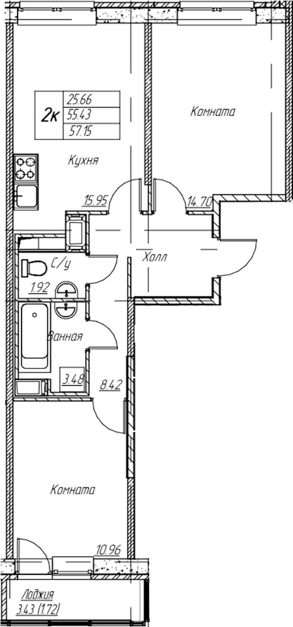 2-комнатная квартира 57.15 м², 15/22 эт., ЖК «Парк-квартал Юнтолово»
